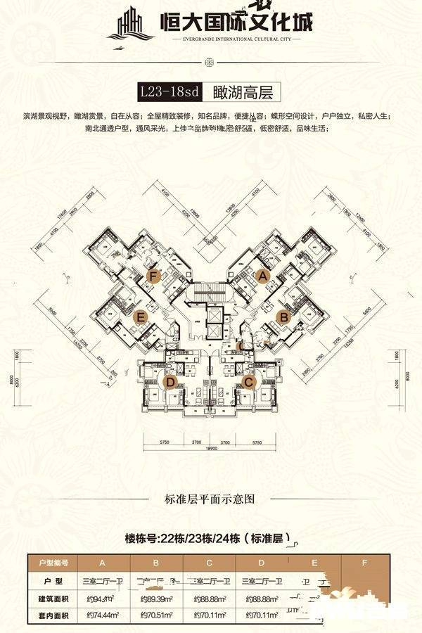 恒大国际文化城3室2厅1卫89.4㎡户型图