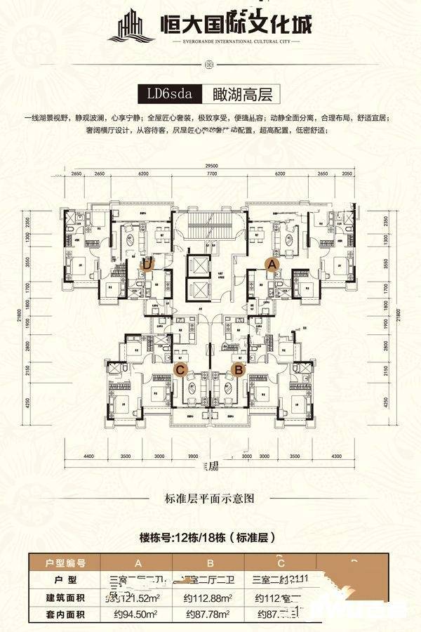 恒大国际文化城3室2厅2卫112.9㎡户型图