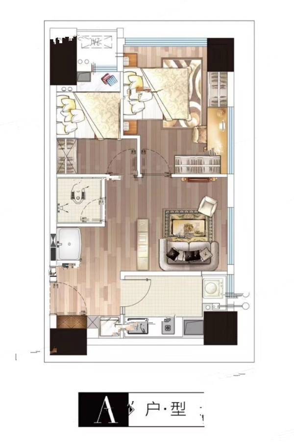 和泓江山国际（公寓/商业）2室1厅1卫43.7㎡户型图