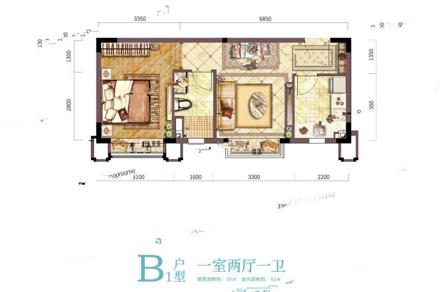 恒大湖山半岛1室2厅1卫55㎡户型图