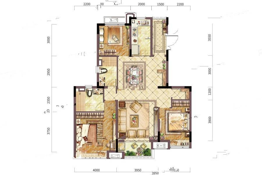 恒大湖山半岛3室2厅2卫122㎡户型图