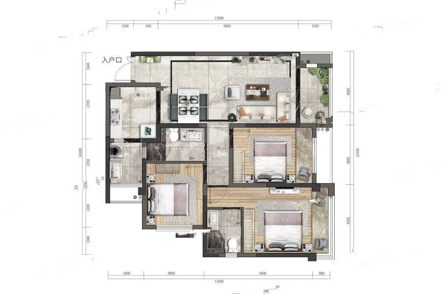 电建洺悦府3室2厅2卫103.3㎡户型图