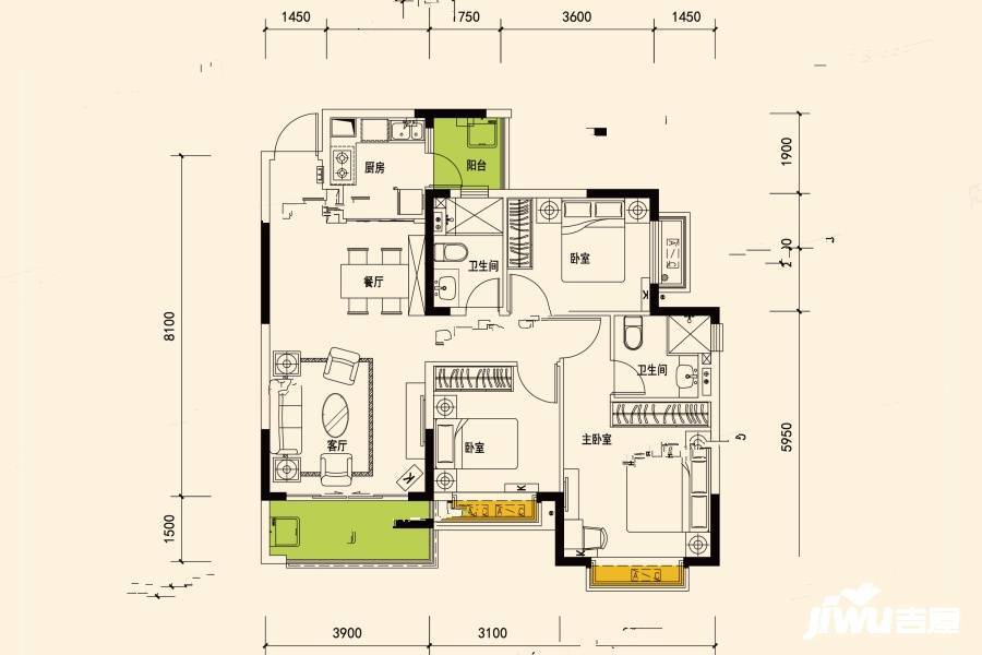 恒大新城3室2厅2卫110㎡户型图