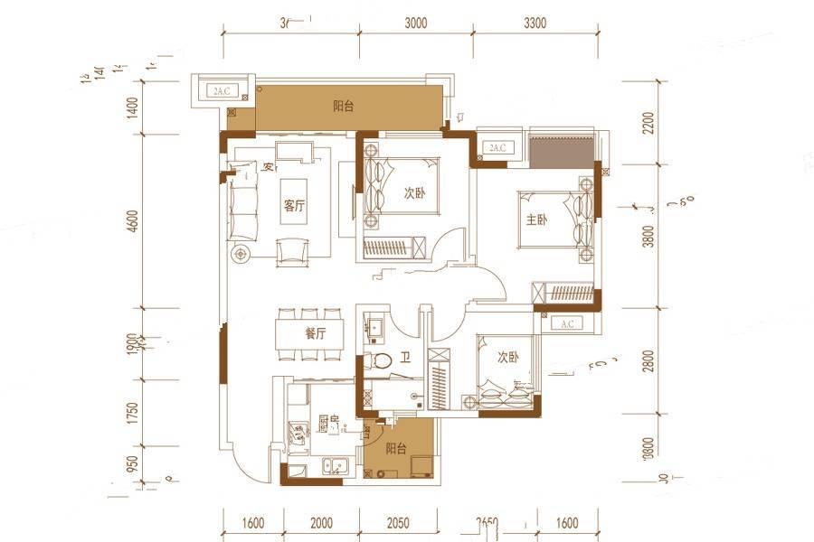 中梁和苑3室2厅1卫92㎡户型图