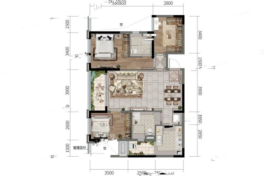 恒大中渝广场三期天玺3室2厅2卫115.5㎡户型图