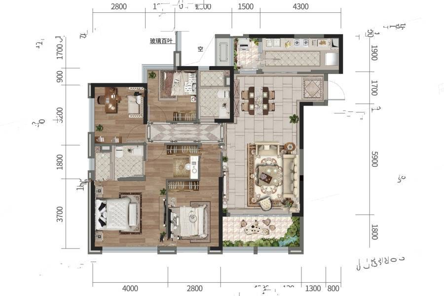 恒大中渝广场三期天玺4室2厅2卫144㎡户型图