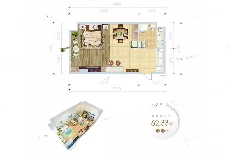 新天地天玺一号1室1厅1卫62.3㎡户型图