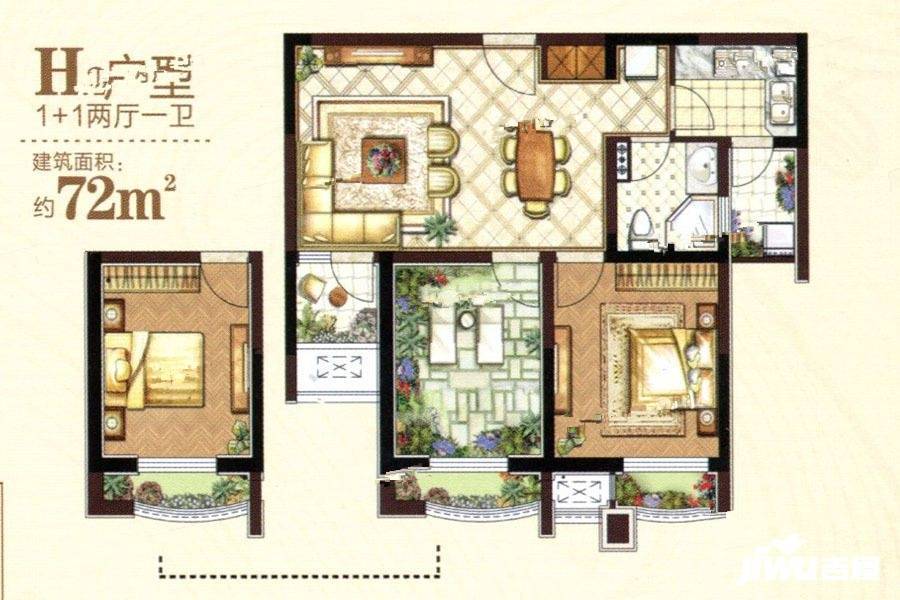 光明南郡褐石洋楼2室2厅1卫72㎡户型图