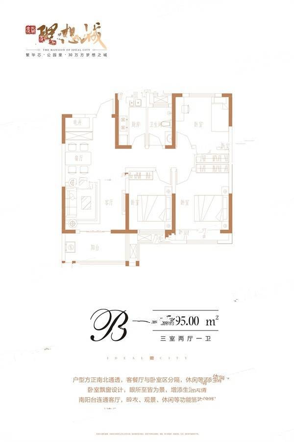 理想城3室2厅1卫95㎡户型图