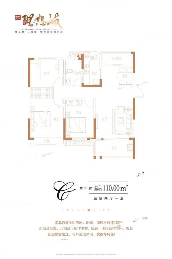 金悦东湖理想城3室2厅1卫110㎡户型图