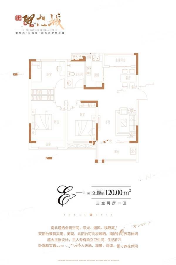 金悦东湖理想城3室2厅1卫120㎡户型图