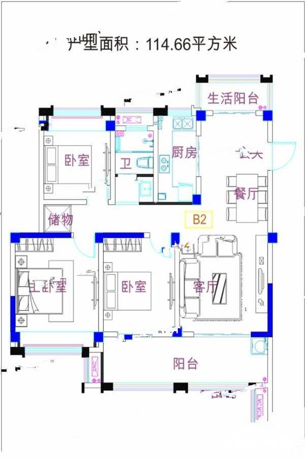 锦绣阮城3室2厅1卫114.7㎡户型图