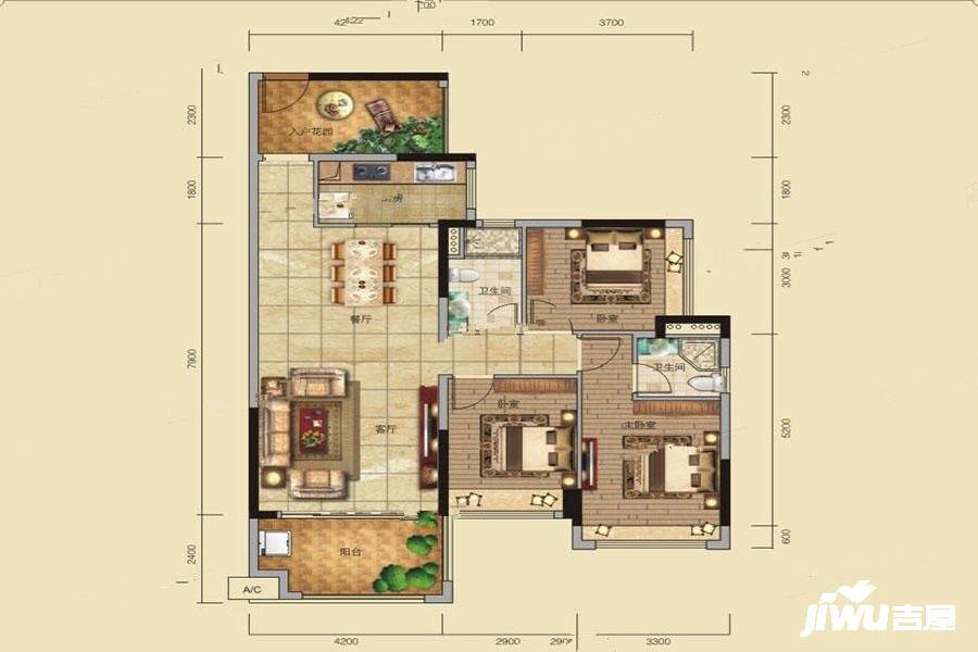 天宇城邦3室2厅2卫113.4㎡户型图