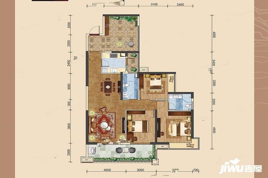 恒隆共青湖山庄3室2厅2卫130㎡户型图