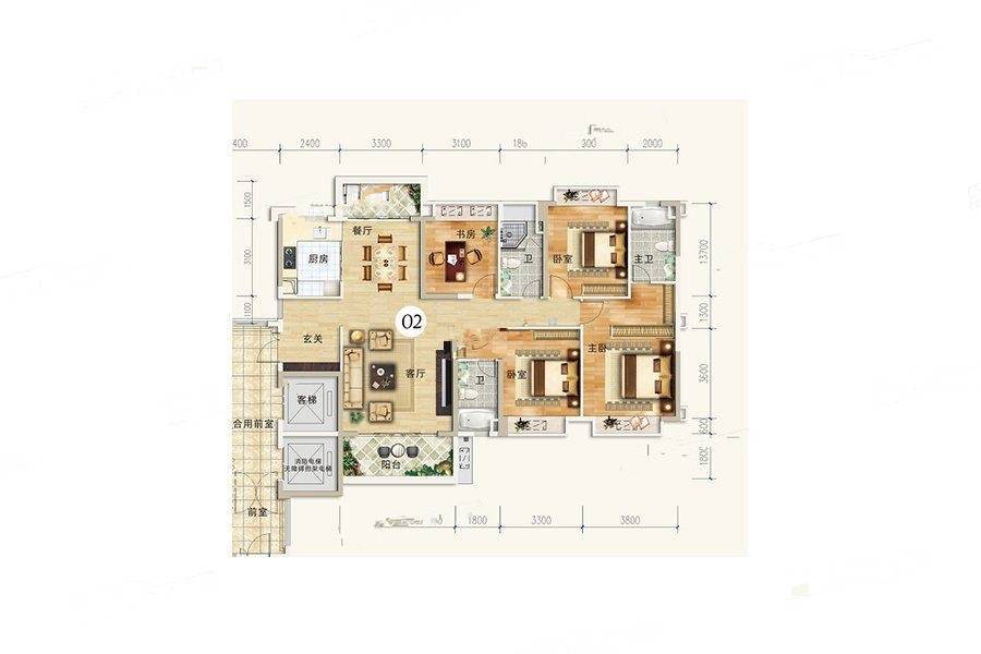 阳江恒隆御景山庄14/21栋02户型户型图_首付金额_4室2厅2卫_164.