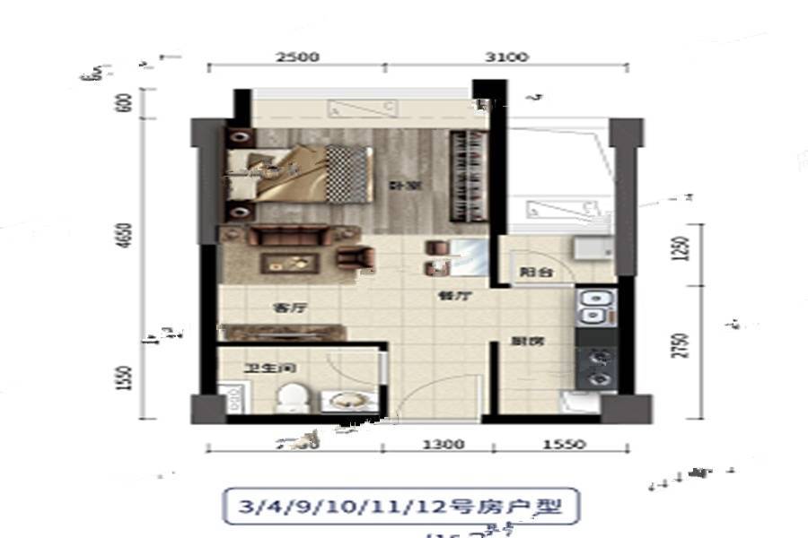 文华新天地广场1室1厅1卫34㎡户型图