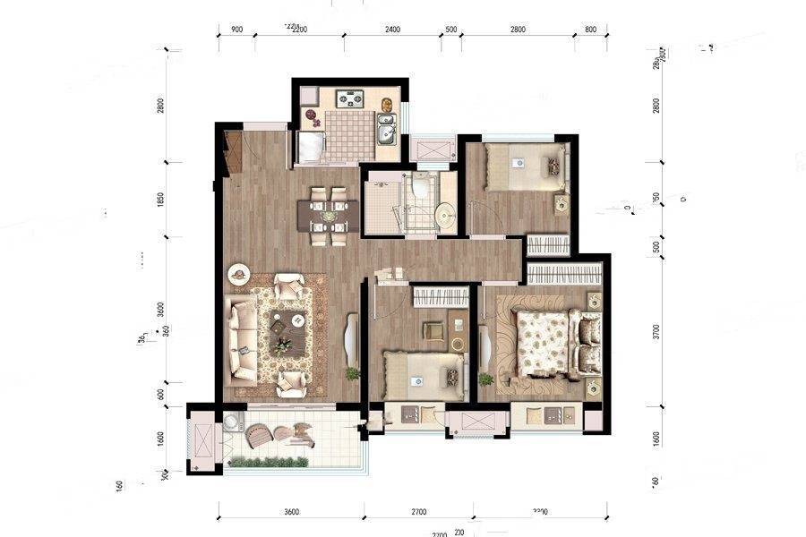 远洋万和四季3室2厅1卫89㎡户型图