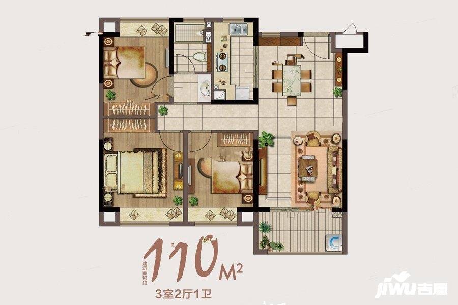 绿地海悦3室2厅1卫110㎡户型图