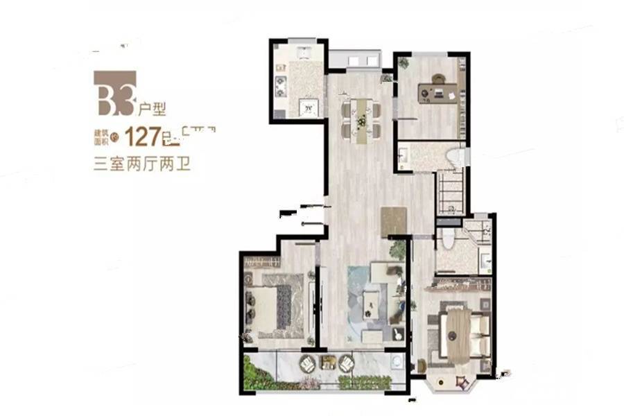 鱼嘴金茂悦3室2厅2卫127㎡户型图