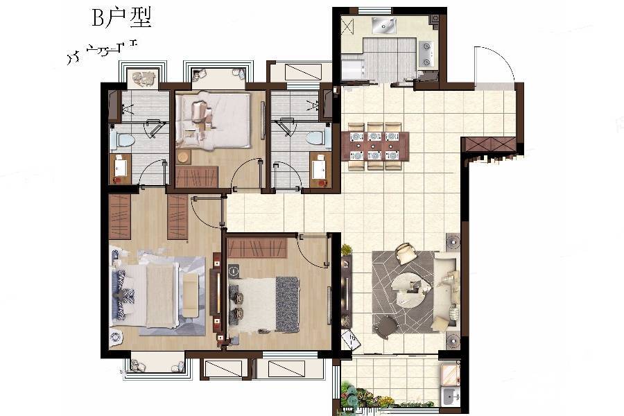 银城孔雀城天荟3室2厅2卫105㎡户型图