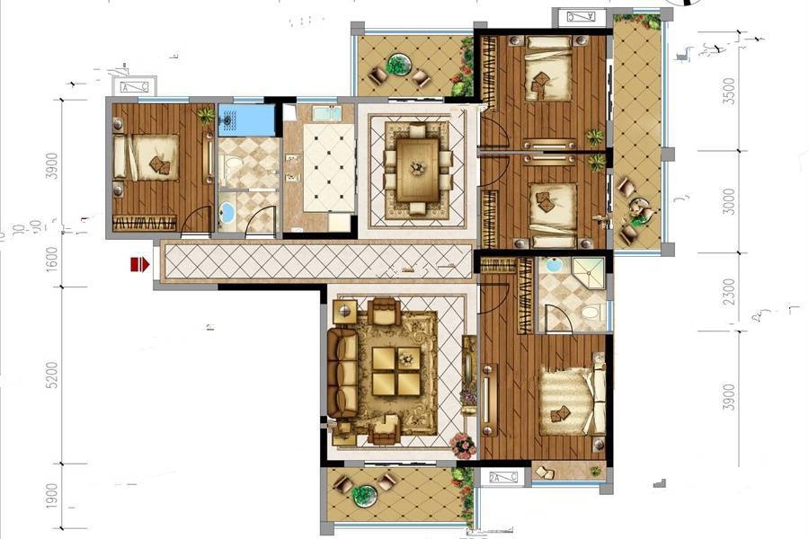 中央城三期4室2厅2卫172.2㎡户型图