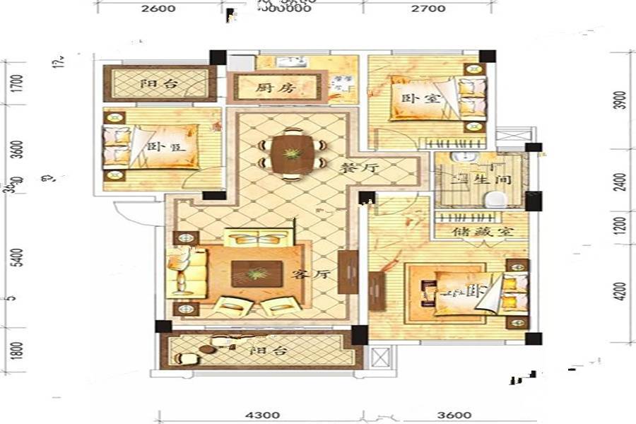 洁丽雅龙栖蝶谷3室2厅1卫106㎡户型图