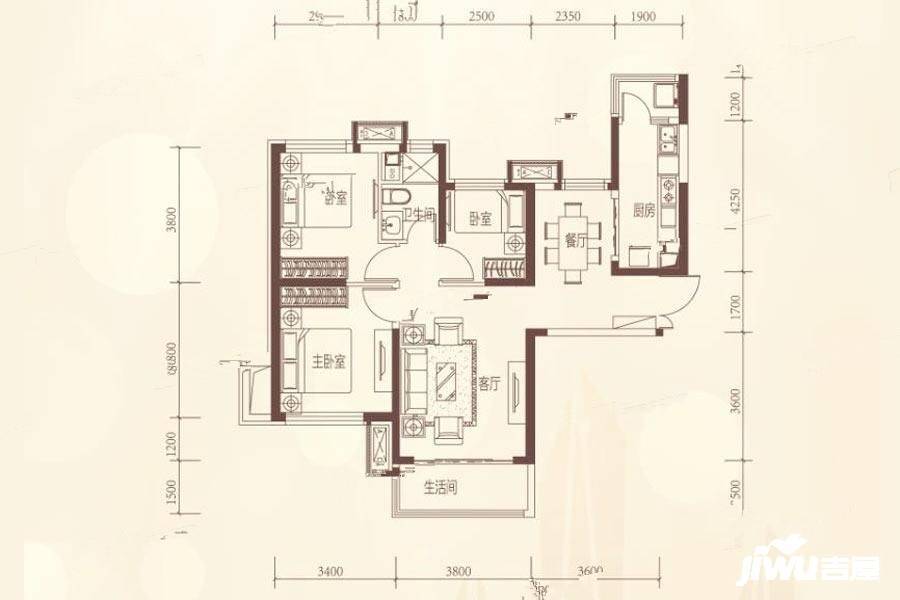 恒大城市之光3室2厅1卫119㎡户型图