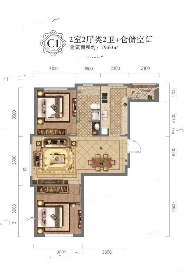 瑛晟花园小镇2室2厅2卫79.6㎡户型图