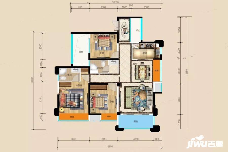 城际温哥华3室2厅2卫126.9㎡户型图