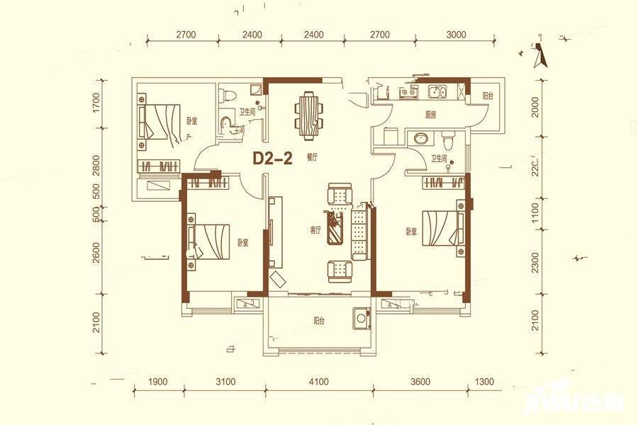 保丽公馆3室2厅2卫119.2㎡户型图