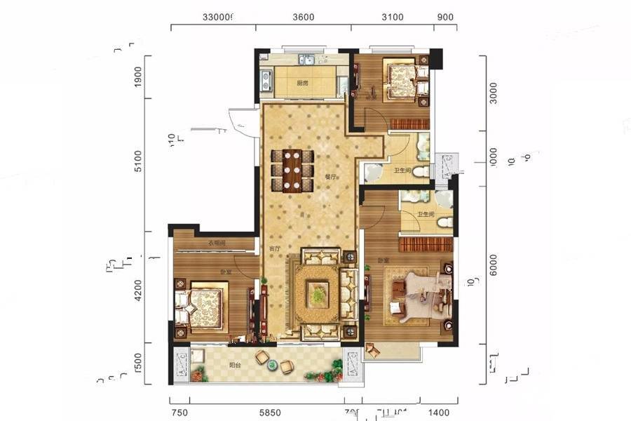 爱仕达凤凰君庭3室2厅2卫124.9㎡户型图