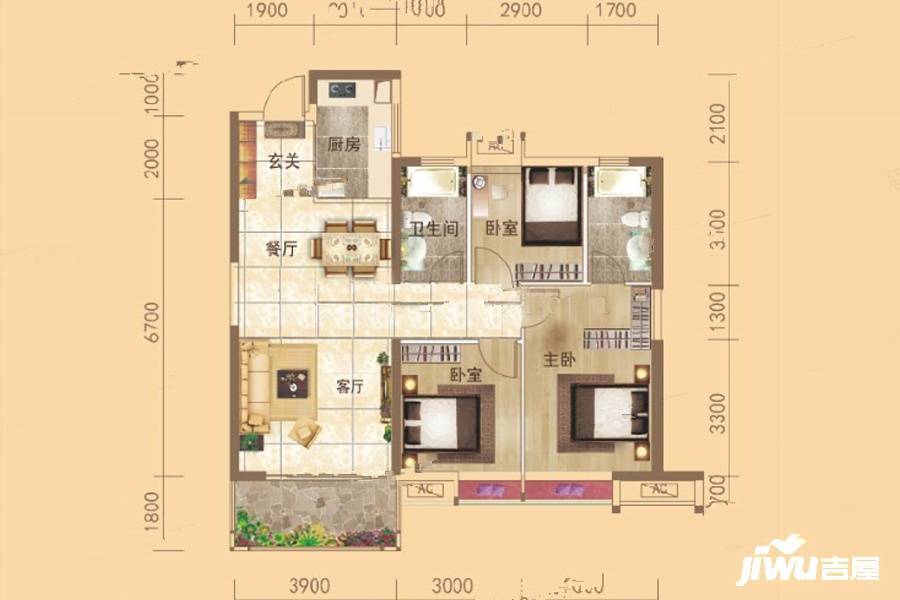 星河盛世3室2厅2卫105㎡户型图