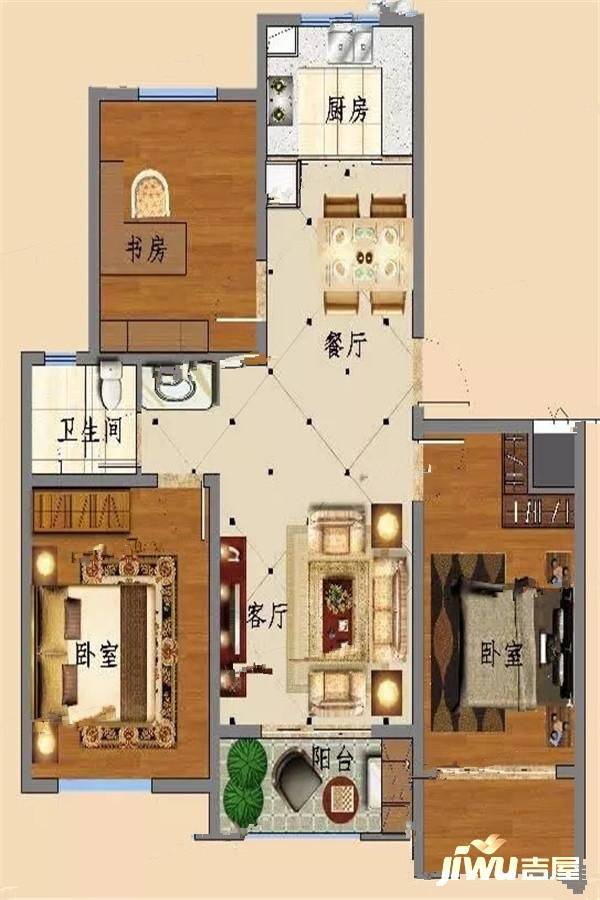 汇峰紫苑三期3室2厅1卫113㎡户型图