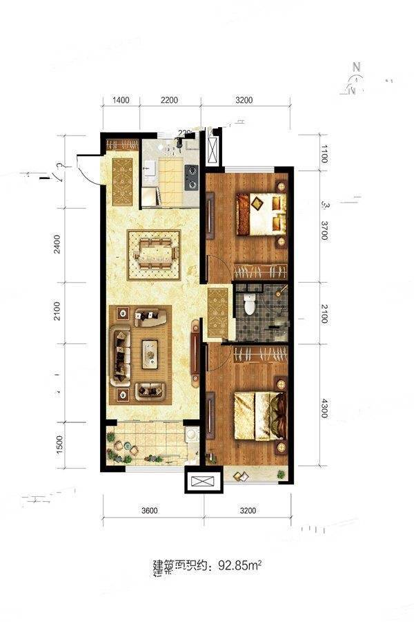 田森新晋优品2室2厅1卫92.8㎡户型图