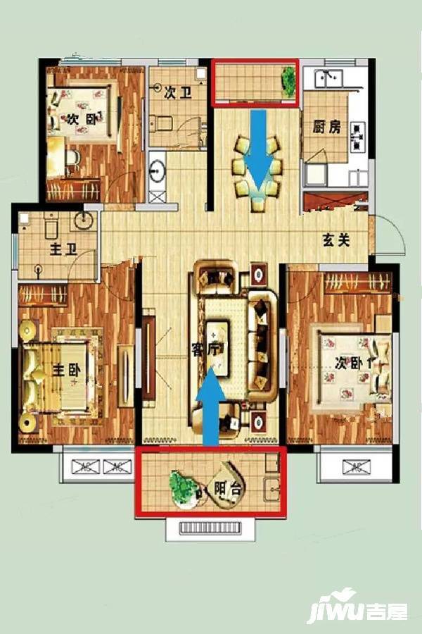 景惠佳园3室2厅2卫128.1㎡户型图