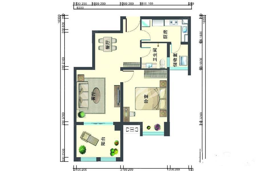 金沙馨怡然1室2厅1卫63.5㎡户型图