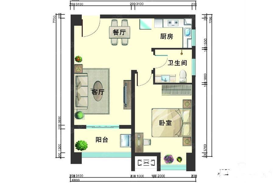 金沙馨怡然1室1厅1卫57.9㎡户型图