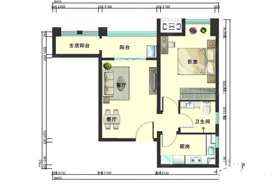 金沙馨怡然1室2厅1卫53.8㎡户型图