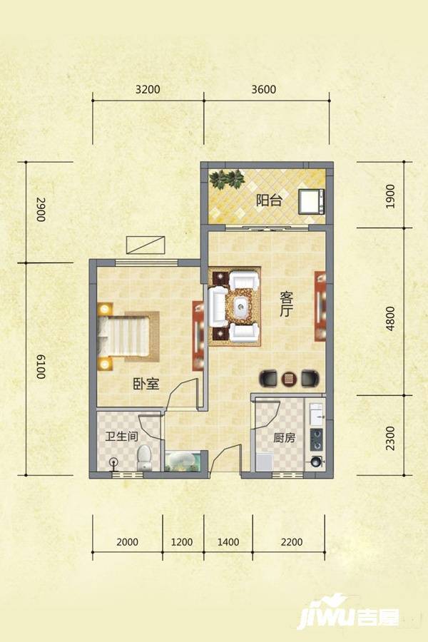 圣煜颐山居1室1厅1卫59.6㎡户型图