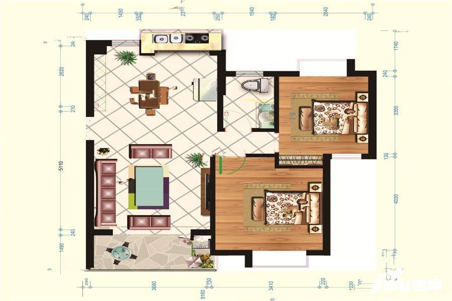 春阳江城国际2室2厅1卫93㎡户型图