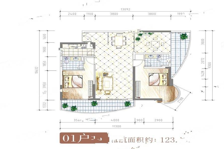 半岛花园3室2厅2卫123.7㎡户型图