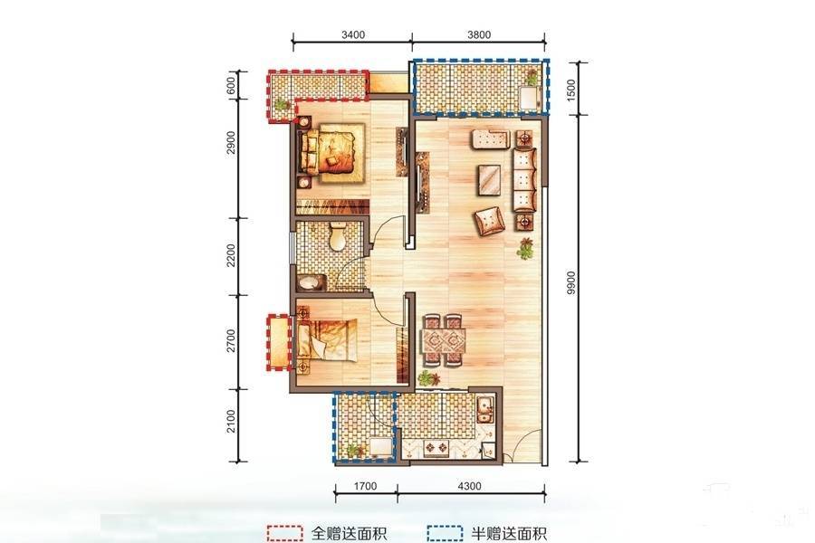 汇泽蓝海湾2室2厅1卫87.2㎡户型图