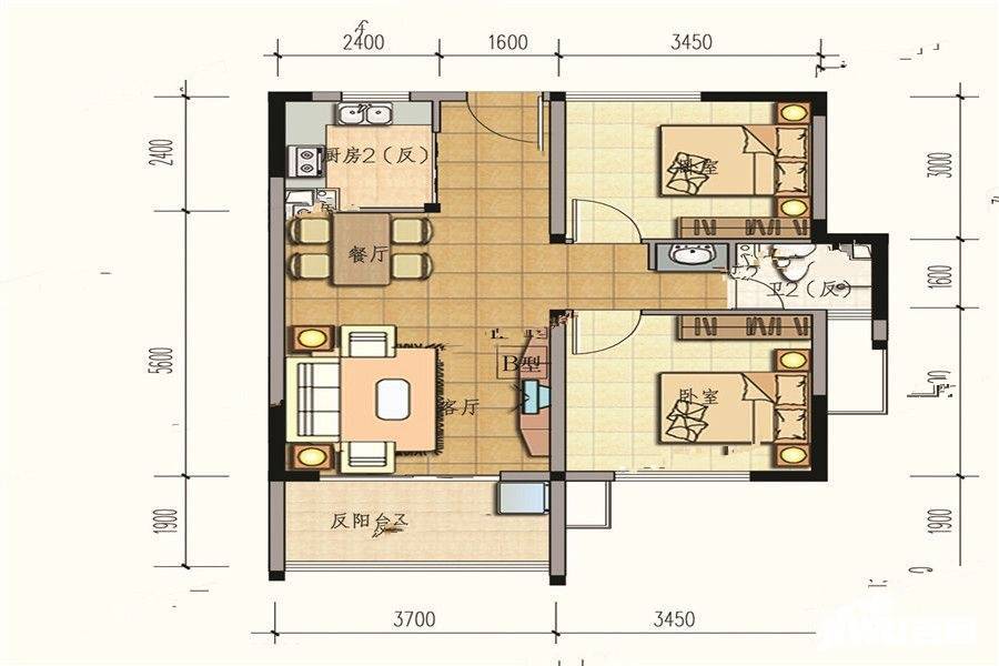 龙腾嘉园2室2厅1卫75.3㎡户型图