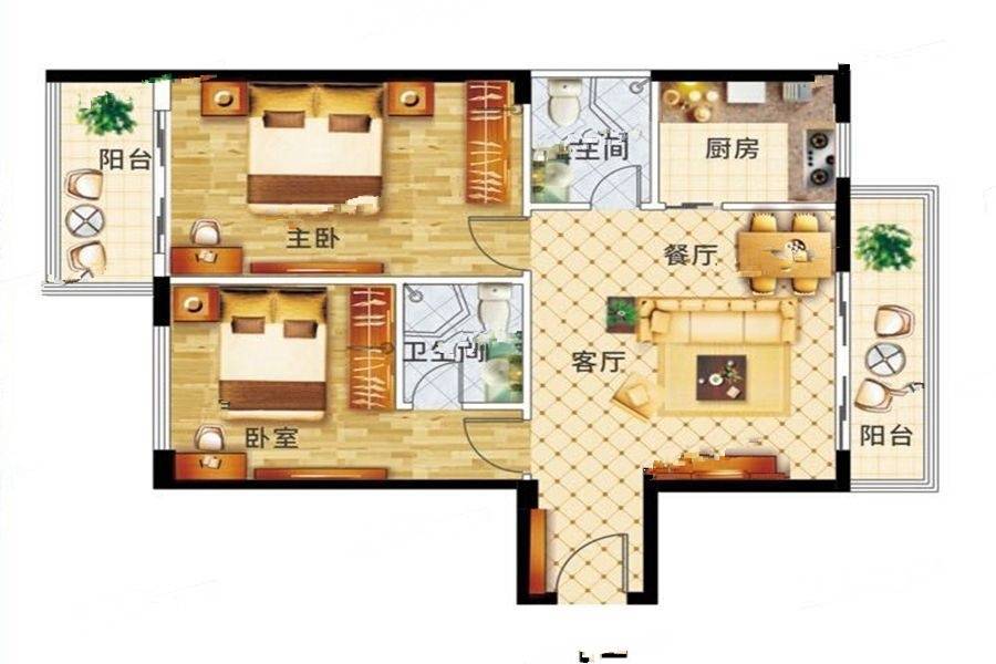 江畔锦城2室2厅2卫95.9㎡户型图