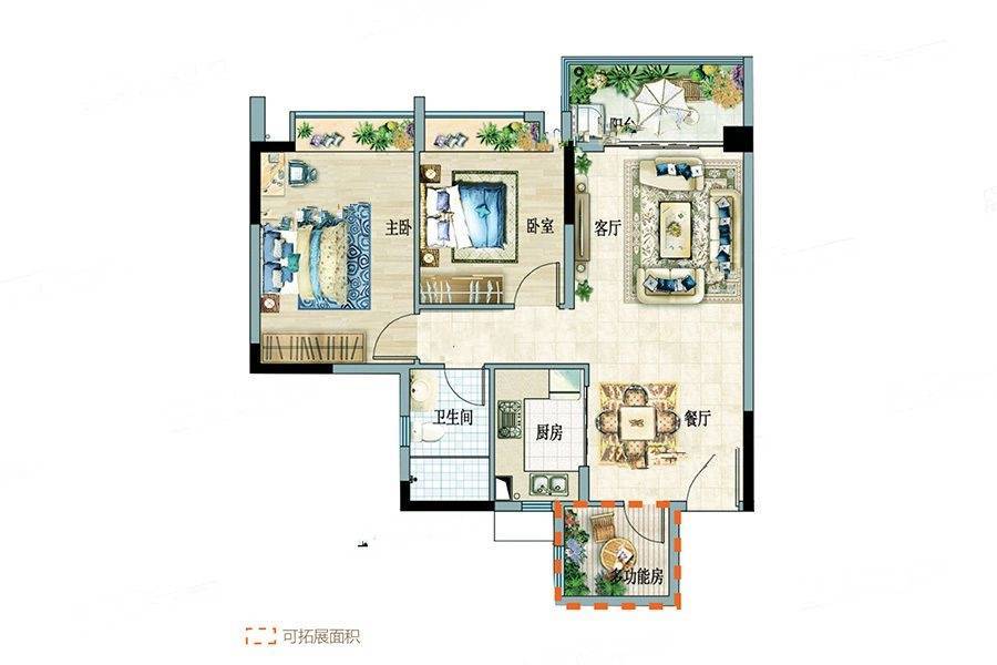 富力悦海湾2室2厅1卫80.6㎡户型图