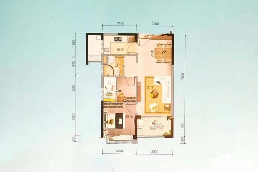 碧桂园澜江华府2室2厅1卫75㎡户型图