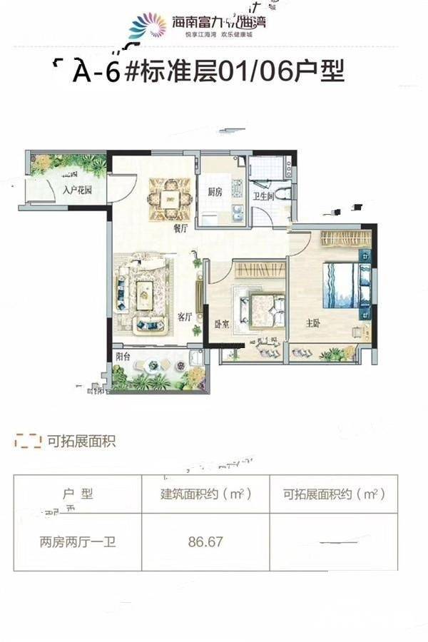 富力悦海湾2室2厅1卫86.7㎡户型图