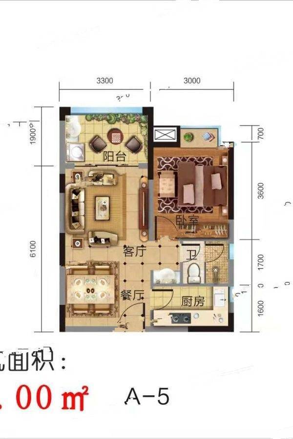 海南民生凤凰城1室2厅1卫60㎡户型图