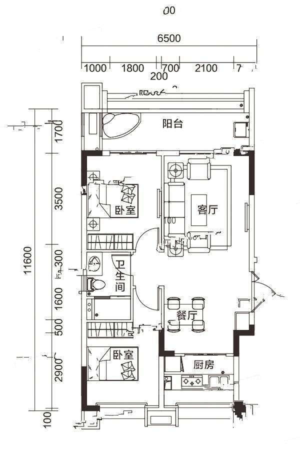 群升棋子湾2室2厅1卫80㎡户型图