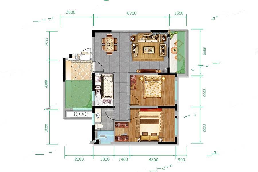 大观千舍2室2厅1卫93㎡户型图